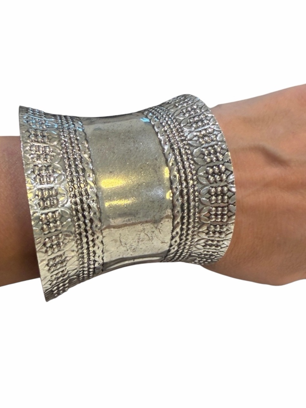 Vintage Style Extra Wide Flared Silver Tone Cuff Bracelet - Boho Tribal Statemen